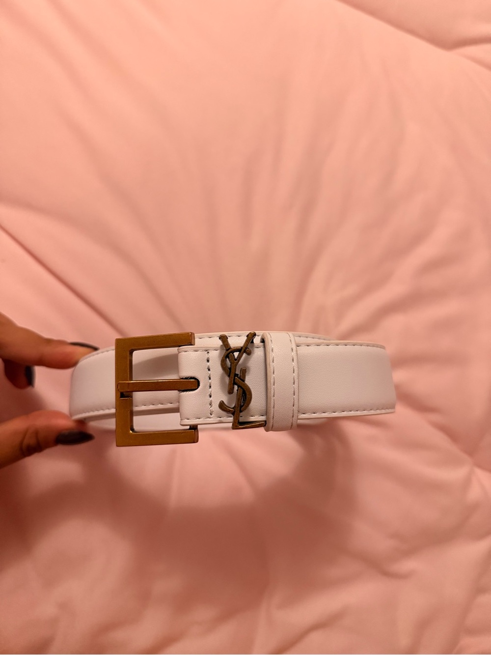 Yves Saint Laurent White Leather Belt with Gold Buckle and Logo